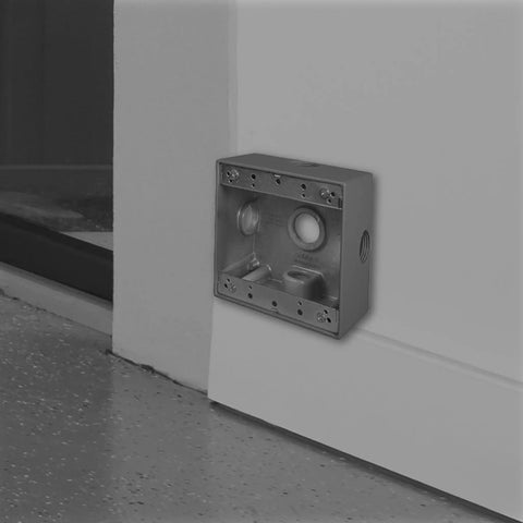 Weatherproof Outdoor 2 Gang Gray Junction Box 2 Inch Deep With Five 0.75 Inch Threaded Holes And Side Lugs installed