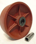6 Inch Ductile Steel Caster Wheel Set With Heavy Duty Roller Bearings And Zerk Fitting showing red wheel with bearing housing.