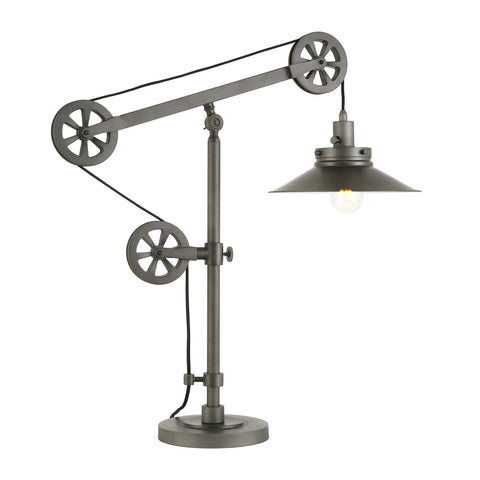 29 Inch Tall Wide Brim Pulley System Table Lamp With Metal Shade In Aged Steel For Home Office And Computer Desk Adjustable Height