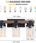 3 Light Farmhouse Vanity Light For Bathroom Over Mirror With Faux Wood Grain Finish Rustic Metal Wall Sconce Indoor Moisture Resistant Bath Vanity Fixture with E26 base, showcasing bulb options and dimensions.
