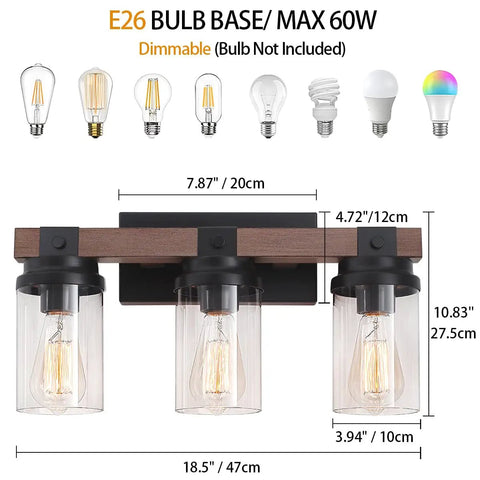 3 Light Farmhouse Vanity Light For Bathroom Over Mirror With Faux Wood Grain Finish Rustic Metal Wall Sconce Indoor Moisture Resistant Bath Vanity Fixture with E26 base, showcasing bulb options and dimensions.