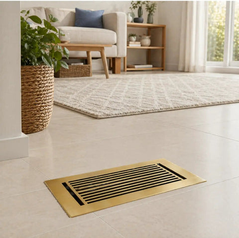 Durable Cast Aluminum Floor Register 4x10 Inlet With Walkable Surface Adjustable Louvers 6x12 Faceplate Gold Finish No Screw Holes