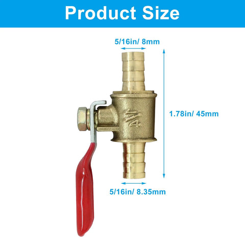 Brass hose-barb ball valve with red lever; dual 5/16 in hose fittings.
