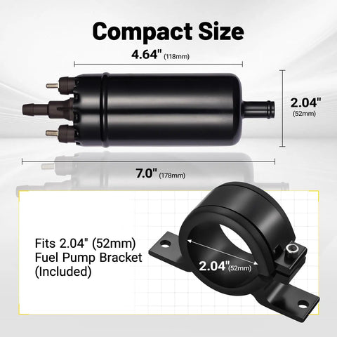 External Inline Fuel Pump 12V-13.5V High Flow 255 LPH, 115 PSI High Pressure with 52mm bracket clamp dimensions shown