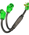Heavy Duty 30 Amp NEMA 10-30 Dryer Splitter 3 Prong To Dual 10-30R Y Receptacle 26.5 Inch with PVC Jacket showing green plugs