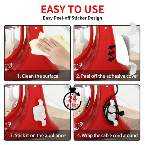 Step-by-step guide for attaching Six Pack Heat Resistant Kitchen Appliance Cord Winders And Cord Organizers on red mixer