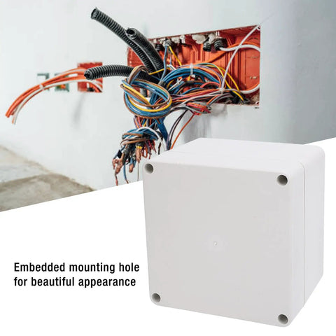 Rugged IP65 Waterproof Plastic Junction Box Enclosure for indoor and outdoor use shown with wiring setup and mounting holes