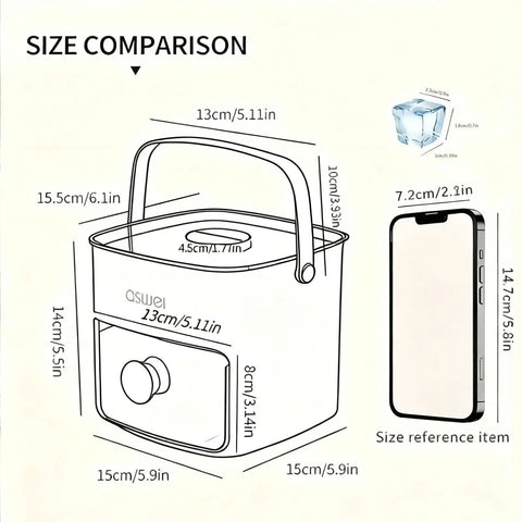 Size comparison of Compact Ice Cube Tray With Lid And Bin For Freezer, Mini Press Type Ice Maker, Space Saving Small Ice Bucket with phone
