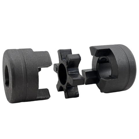 Beefy Heavy Duty 3 Piece L Jaw Flexible Coupling Set For Three Quarter Inch To Seven Eighths Inch Bores Cast Iron HT250 With Rubber Spider Two Set Screws Multi Flex L075 Three Quarter To Seven Eighths For Log Splitter And Wood Processing, exploded view