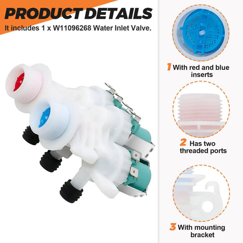 Premium Water Inlet Valve Dual Port Replacement For Top Load Washers 1.06 Inch Fittings Exact Fit W11096268 W10758829 Compatible With Major Washer Models WTW7300DW1 WTW8500DC5 Easy Install And Durable Performance For Steady Water Flow. White dual-port washer inlet valve with red and blue inserts and mounting bracket