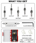 5-piece Carbide Tipped Countersink Drill Bit Set with low friction depth stop, screwdriver bits, and case for woodworking.