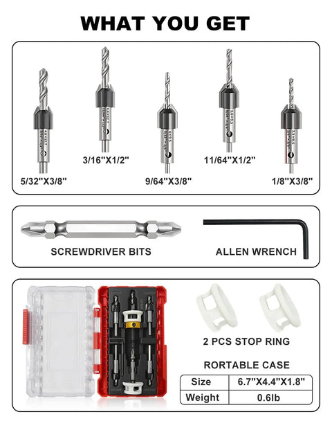 5-piece Carbide Tipped Countersink Drill Bit Set with low friction depth stop, screwdriver bits, and case for woodworking.