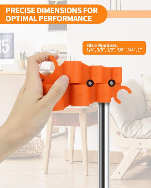 Front view of orange pipe deburring tool kit with multiple size sockets for PVC and brass pipes.