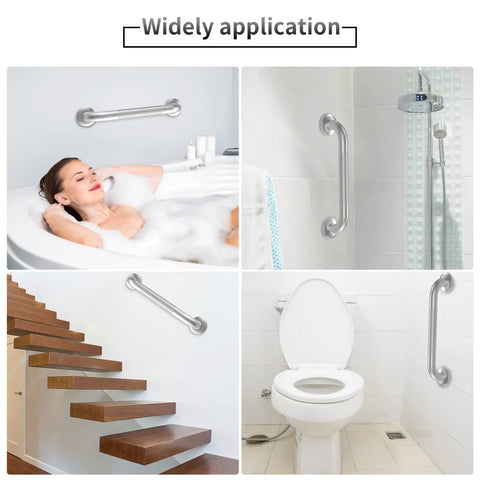 Two Pack 12 Inch Grab Bars For Tubs And Showers For Slip Stainless Steel Shower Handle Toilet Handicap Elderly Senior Safety Support Bathroom Grab Rails in various bathroom settings, including shower and bathtub applications.