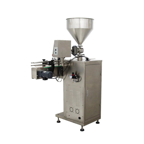 Rugged Automatic Servo Liquid And Paste Filling Machine Slick Stainless Steel Frame 100 To 1000 Milliliter Range side view with hopper