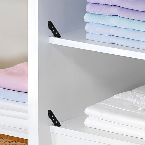 Stainless Steel Corner Brackets For Tables And Cabinets Beefy Heavy Duty Angle Braces with white shelves and pre-drilled holes.