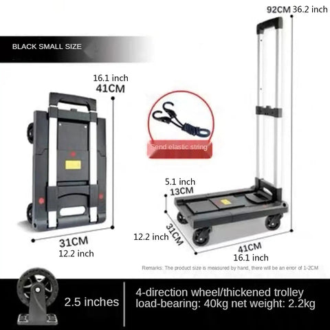 Heavy Duty Foldable Hand Cart Hella Stable Aluminum Handle Portable Platform Trolley For Warehouse Inventory Office Relocation And Heavy Loads, compact black design with dimensions 41x31cm.