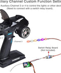 RC transmitter with LED lights setup, channel indication, and wiring; Switch relay board not included. Use for RC cars and boats.