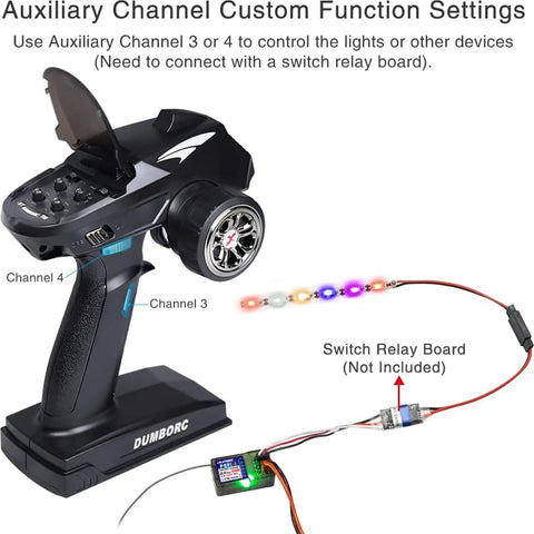 RC transmitter with LED lights setup, channel indication, and wiring; Switch relay board not included. Use for RC cars and boats.