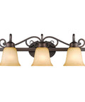 Belle Meade 3 Light Bath Vanity In Rubbed Bronze With Tea Stone Glass Shades For Cozy Casual Rooms And Warm Diffused Lighting