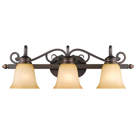 Belle Meade 3 Light Bath Vanity In Rubbed Bronze With Tea Stone Glass Shades For Cozy Casual Rooms And Warm Diffused Lighting