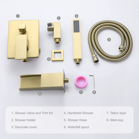Components of Brushed Gold Wall Mount Tub Faucet With Handheld Sprayer And Hand Shower laid out, including single-handle tub filler.