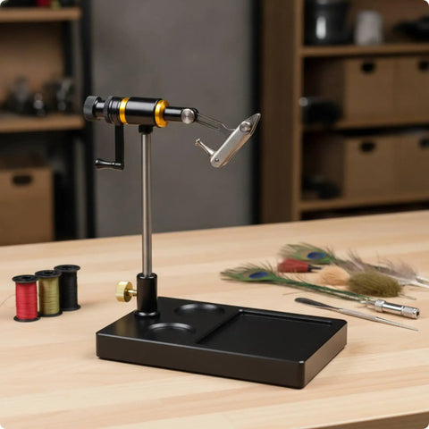 Rock Your Fly Tying Game With This Premium Hardened Steel Vise Featuring A Non Slip Adjustable Head And Precision Grip For Bench Work Scaling And Detailed Hobby Builds. Premium black and silver fly tying vise on wooden table.