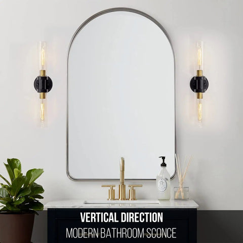 Industrial Modern Bathroom Wall Sconces With Clear Glass Tubes, 2 Light Vanity Lighting For Mirror, Hallway Or Living Room, Black Brushed Brass Finish, E26 Bulbs Not Included, mounted vertically beside mirror.