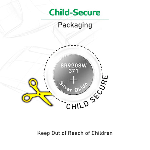 Child-secure packaging for 20 Pack Sr920SW 371 370 AG6 1.5V Button Cell Watch Batteries, highlighting safety and usability.