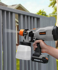 Using Cordless 20V Paint Sprayer Gun With Dual Batteries, HVLP Sprayer on fence outdoors, durable gray design