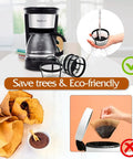 Four Pack Reusable Coffee Filters For 4 To 5 Cup Coffee Makers Like Mr Coffee And Black And Decker Nylon Mesh With Handle Eco Friendly Replacement For Everyday Use shown with coffee machine and comparison to disposable filters.