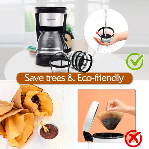 Four Pack Reusable Coffee Filters For 4 To 5 Cup Coffee Makers Like Mr Coffee And Black And Decker Nylon Mesh With Handle Eco Friendly Replacement For Everyday Use shown with coffee machine and comparison to disposable filters.