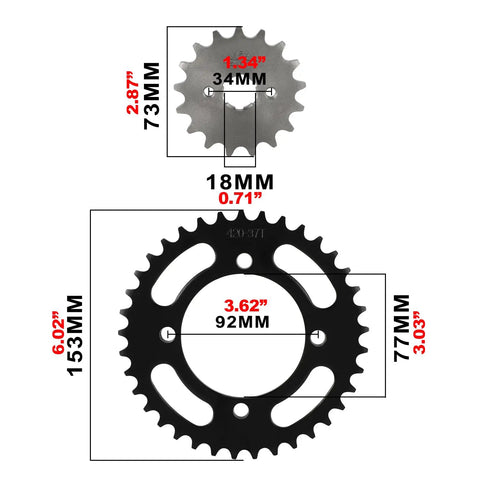 Heavy Duty 420 Chain And Sprocket Set For 50cc To 125cc Machines, black and silver sprocket dimensions, universal fit for off-road performance