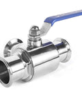 Professional Grade Hardcore Stainless Steel 3 Way Tri Clamp T Port Ball Valve with blue quarter turn handle.