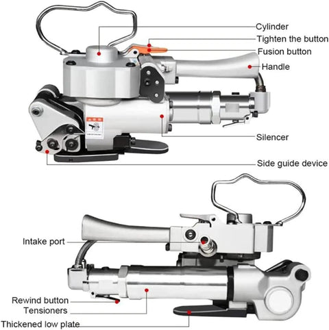 Heavy Duty Pneumatic Strapping Machine With Friction Heat Welding Portable Hand Baler For Warehouse Packing Handles Heavy Loads Without A Sweat Smooth Operation Every Time showcasing buttons and components.