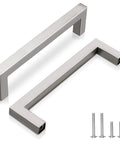 Two Six And One Quarter Inch Brushed Nickel Stainless Steel Cabinet Pulls with included screws, shown from side view