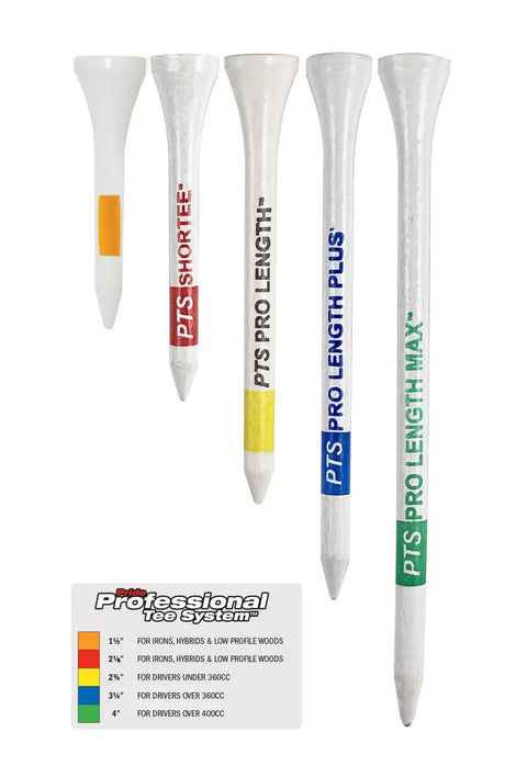 ProLength Plus Golf Tees 3 1/4 Inch, 75 Count Bag, Blue On Natural, shown with color bar length indicator and size chart, hardwood
