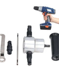 Heavy Duty Pro Grade Double Head Sheet Metal Nibbler Drill Attachment Kit with drill, aluminum body, and accessories for cutting metal plates