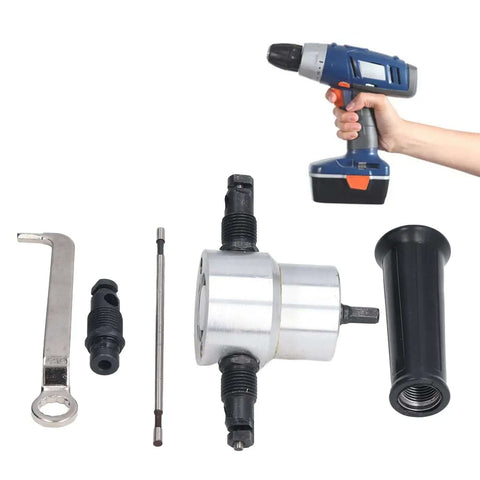 Heavy Duty Pro Grade Double Head Sheet Metal Nibbler Drill Attachment Kit with drill, aluminum body, and accessories for cutting metal plates