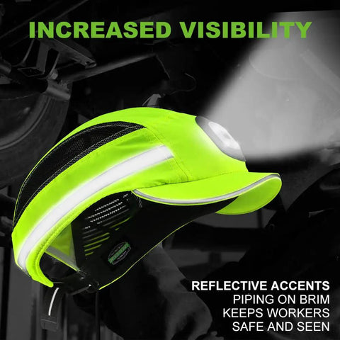 Lightweight Bump Cap With LED Light For Work Safety Baseball Cap Style Hard Hat Alternative Breathable Lime Green Design USB Rechargeable Headlamp For Men And Women with reflective accents in a dimly lit work area.