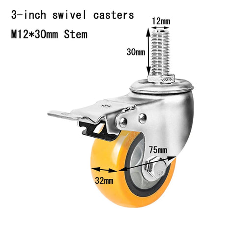Badass Heavy Duty Workhorse Swivel Casters Kit Of Four With Bulletproof Polyurethane Wheels M12x30mm Threaded Stem 3-inch caster wheel with dual lock system.