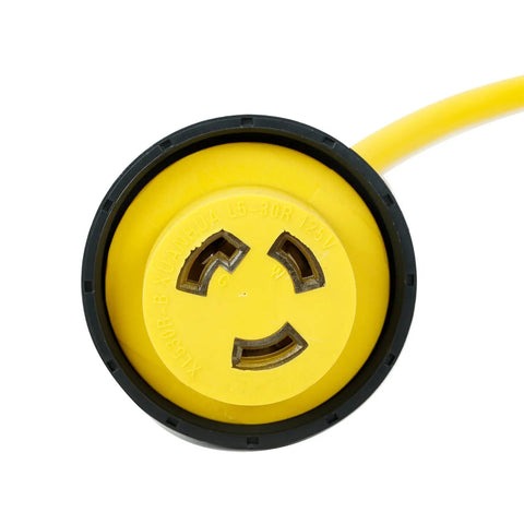 Close-up of L5-30R end of Beefy 25 Ft 30 Amp 125V RV Power Cord Marine Grade Yellow L5-30P To L5-30R Heavy Duty Flexible Shore Power Cable
