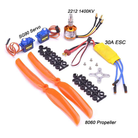 A2212 1400KV Brushless RC Motor With 30A ESC And SG90 Micro Servo 8060 Propeller Set displayed.