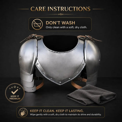 Medieval Iron Gorget and Spaulders Shoulder Armor Set for Reenactors with care instructions, natural steel finish