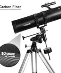 130mm Newtonian Reflector Telescope For Grownups With 130EQ Mount, carbon fiber, high quality optics visible on tripod setup.