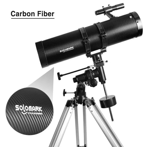 130mm Newtonian Reflector Telescope For Grownups With 130EQ Mount, carbon fiber, high quality optics visible on tripod setup.