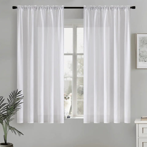 White Privacy Sheer Curtains Let Light In Semi Sheer Window Drapes For Living Room And Bedroom, Light Filtering 52x54 Inches, 2 Panels Set