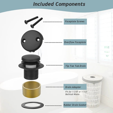 No Sweat Matte Black Bathtub Drain Kit With Two Hole Overflow Plate components including tub drain, overflow faceplate, screws, and drain adapter.