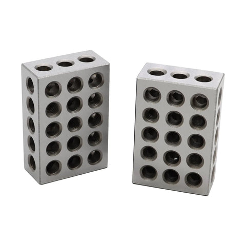 Pair of 1x2x3 inch hardened steel setup blocks with 23 holes for machinist use