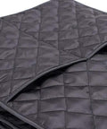 Close-up of black waterproof coffee maker cover for Keurig single serve brewers, dustproof no-fuss kitchen protector, quilted texture